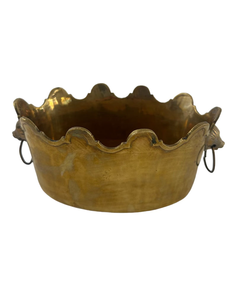 1950's Solid Brass Scalloped Jardinere/Planter with Lion Head and Rings