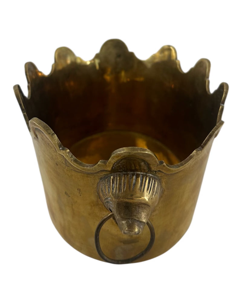 1950's Solid Brass Scalloped Jardinere/Planter with Lion Head and Rings